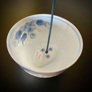 HANDCRAFTED INCENSE HOLDER BURNER RABBIT TEACUP(1) made with a VINTAGE TEA CUP